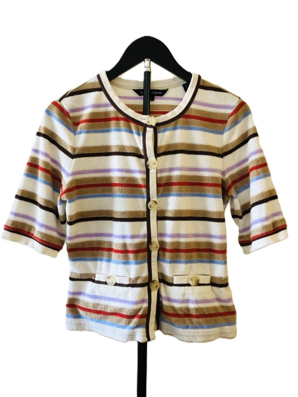 Veronica Beard Striped Knit Cardigan Sweater Short Sleeve Sz S Stone Khaki Multi